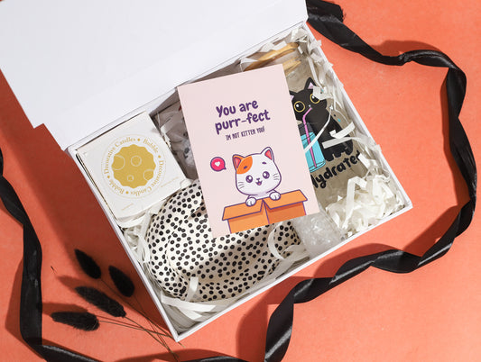 Cute cat-themed gift box featuring a ‘You are purr-fect’ greeting card, bubble candle, black cat hydration tumbler, and polka dot ceramic dish on an orange background.