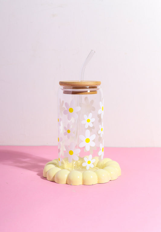 White Daisies Glass Can