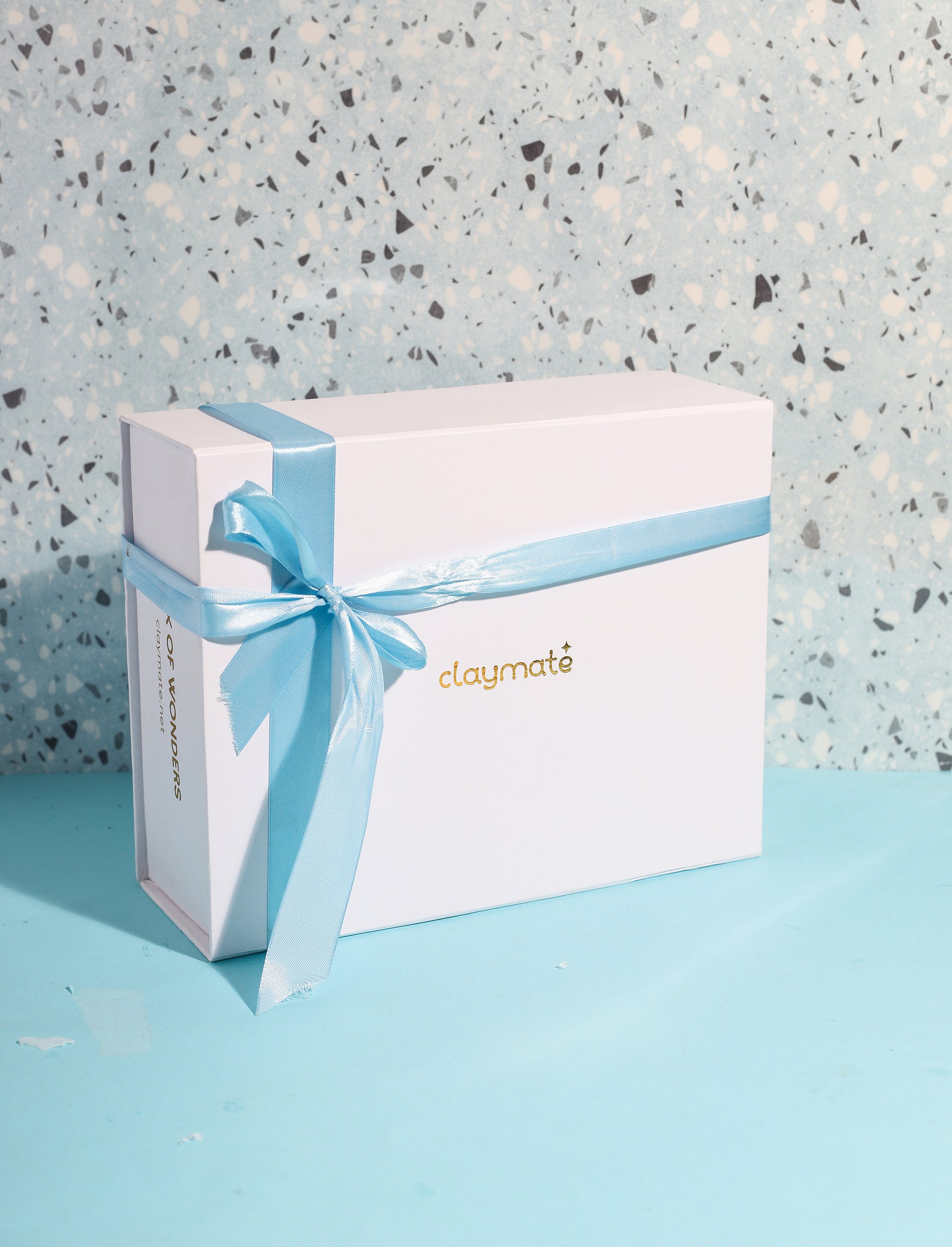 A white gift box with a blue ribbon sits beside a small zebra plant in a blue planter, a sculpted white candle on a marbled blue tray all displayed on a blue background.